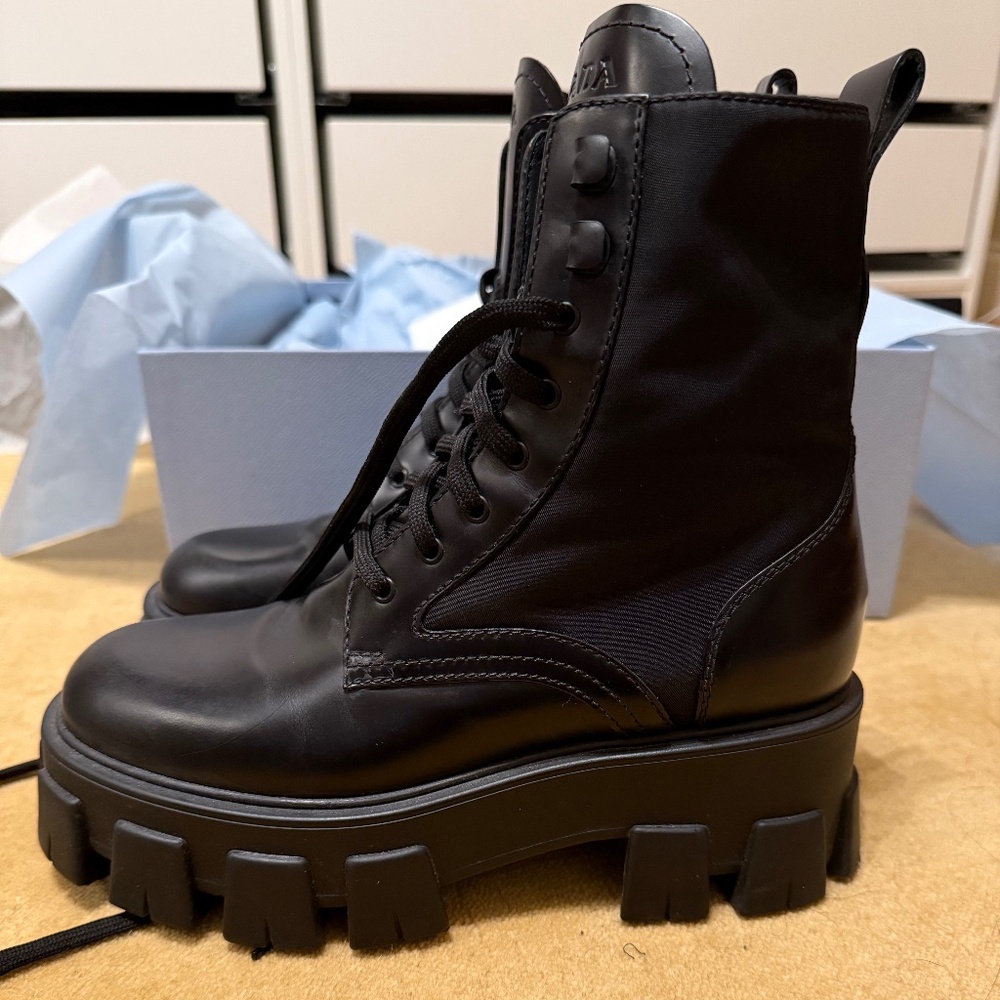 Prada Monolith Leather Ankle Boots 37